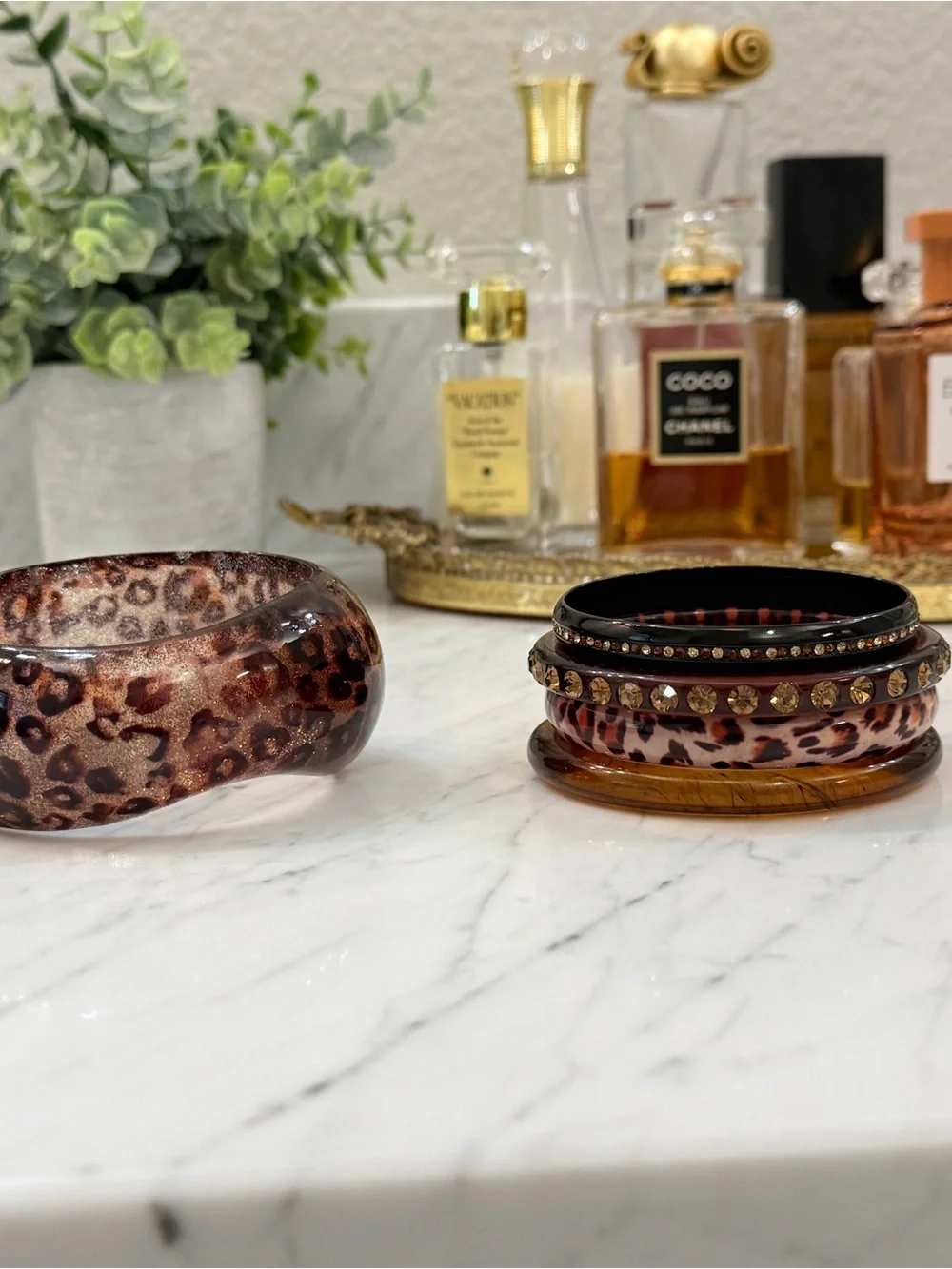 Vintage Lucite and Metal Leopard Print Decorative Bangles